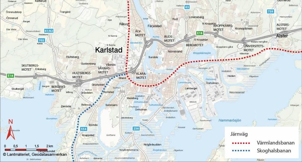 3.4.2 Järnväg Järnvägar i närheten av studerad vägsträcka framgår av figur 14. Värmlandsbanan går på bro över väg E18 väster om Klaramotet.