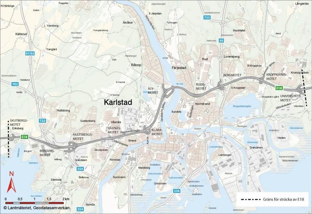 Figur 3. Geografisk avgränsning för den åtgärdsvalsstudie som genomförs för väg E18 genom Karlstad. 2. Förutsättningar 2.