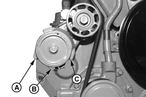 RUTININSPEKTION OCH UNDERHÅLL 60 Kontroll av remslitage Motorn är utrustad med automatisk remspännare som är gjord att fungera inom gränserna som utgörs av de fasta anslagen A och B, se fig. 12.