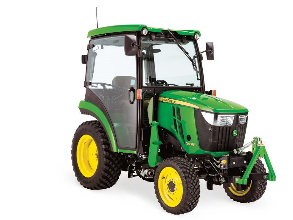 John Deere 2036R Kompakt 3-cylindrig dieselmotor. Bekväm förarplats. Hydrostatisk transmission som är enkel att använda. Hytt, frontlastare & klippdäck som tillval.