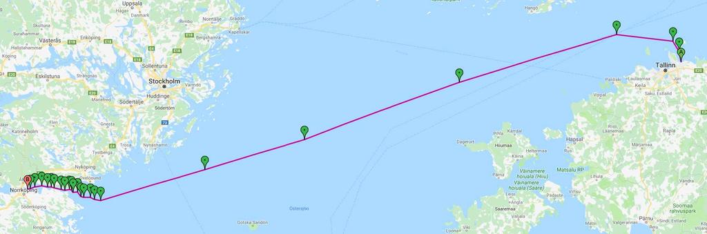 Figur 11 - Landsträcka 1 för scenario 2a När leveransen väl når Muuga hamn lastas den om och skickas vidare till Norrköping hamn.