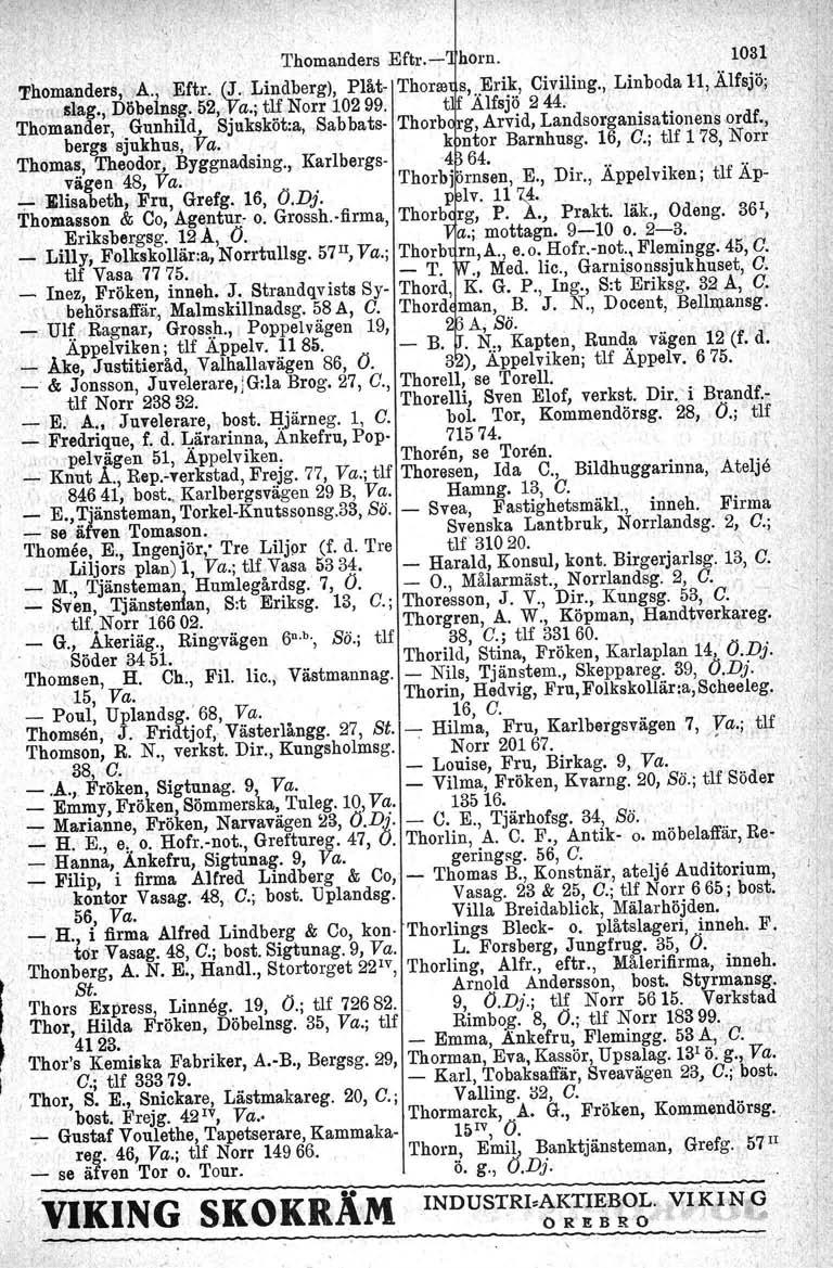 - Louise, Thomanders Eftr.- horn. 1031 Thomanders,,A., Eftr. (J., Lindberg), Plåt- Thor~ S, Erik, Civiling.; Linboda 11,.Ä.lfsjö,; 'o" slag., Döbelnsg. 52,Ya.; tlf Norr 10299. t.ä.lfsjö 244. ".