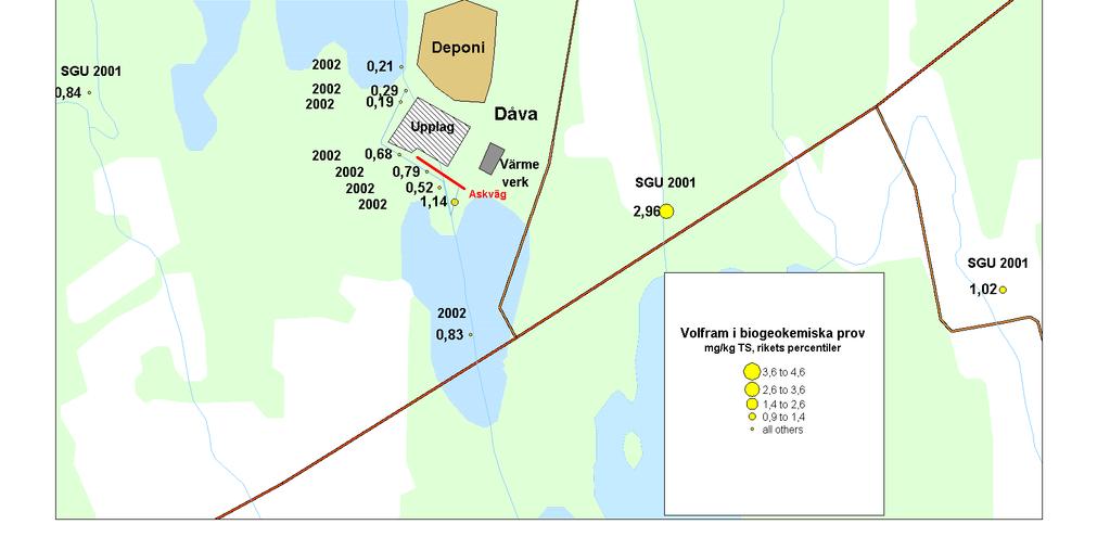 Kartbild 22. Volfram i biogeokemiska prov runt Umeå och Sävar. Kartbild 23.