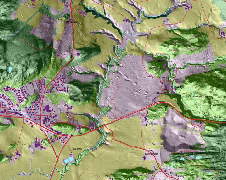 Topografi och markanvändning vid Rolfstorp och Himleåns dalgång.