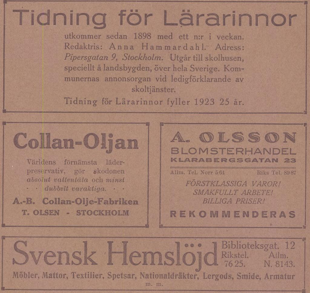 Pris för postupplaga: */i år kr. 6:50; l/a' år kr. 3:50; V4 år kr. 1:90. Lösnummer 65 öre. Redaktion och expedition : 48 Klarabergsgatan 11. Stockholm. Redaktionstid : tisdagar och fredagar kl. 1 3.