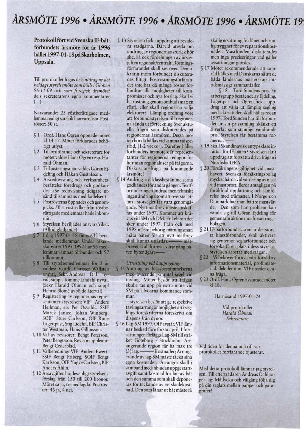 ÄRSMÖTE 1996 ÄRSMÖTE 1996 ÄRSMÖTE 1996 ÄRSMÖTE 19 Protokoll fört vid Svenska JF-båtförbundets årsmöte för år 1996 håuet 1997-01-18 på Skarholmen, Uppsala.