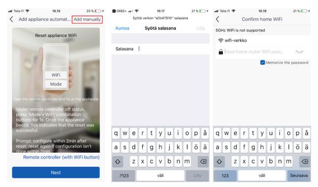 Tryck på Add manually (manuell inmatning). i nästa meny som finns uppe till höger appen uppmanar dig att nollställa luftvärmepumpens WiFi-adapter med hjälp av fjärrkontrollen du valde.