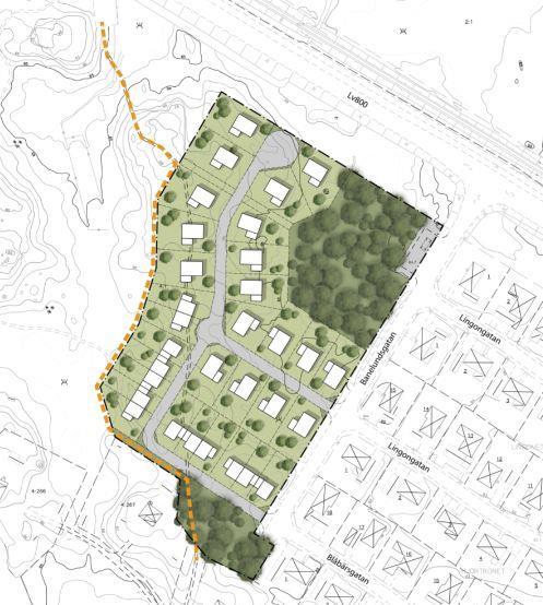 8 (18) Förändringar Området planläggs för markanvändningen bostadsändamål (B) med en föreslagen utformning som möjliggör ca 25-50 nya tomter för enbostadshus i form av t ex friliggande villor,
