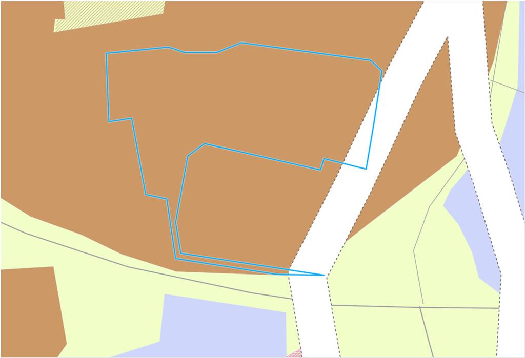 Urklipp ur översiktsplanens karta 1, Användning av mark och vattenområden. Den ljusblå linjen visar ungefärligt planområde.