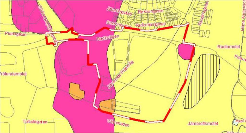 Utdrag ur SGU:s jordartskarta. Lila innebär berg i eller nära dagen, gult innebär lera, orange innebär svallsediment. Svart streckad linje anger ungefärligt aktuellt planområde.