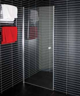 Inåt- och utåtgående duschdörrar Duschdörren är vändbar Silverblank väggprofil Väggprofilerna är förberedda för limning mot vägg 6 mm härdat säkerhetsglas Ställbarhet 20 mm i sidled Lyftgångjärn