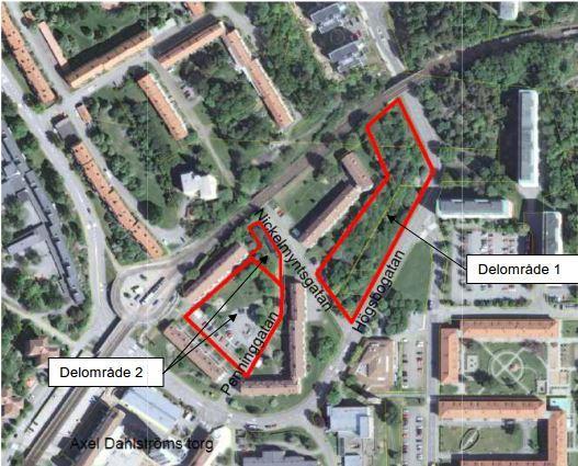 Figur 1. Planområdets två delområden. Område 1 gränsar mot befintlig spårväg i nordost. Direkt norr om området ligger ett större flerbostadshus i vinkel.