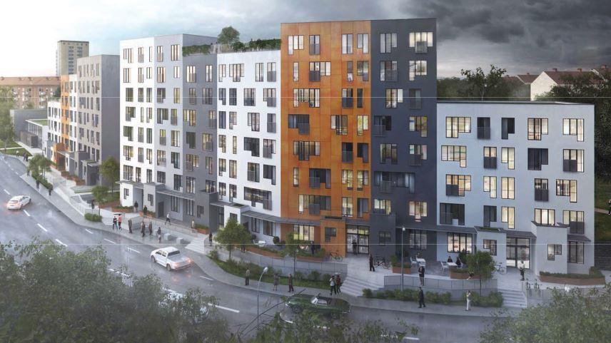 3.2 FÖRESLAGEN EXPLOATERING ALTERNATIV 3.2.1 OMRÅDE 1 - LAMELLHUS Förslaget bygger på ett lamellhus längs Högsbogatan med en gemensam förgårdsmark framför huset mot gatan, figur 2. Figur 2.