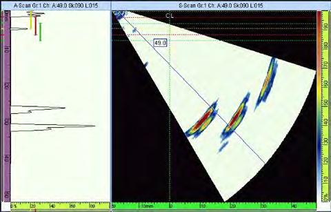 S-scan skapas av en phased-array sökare som arbetar med en sned vinkel mot den undersökta detaljen.
