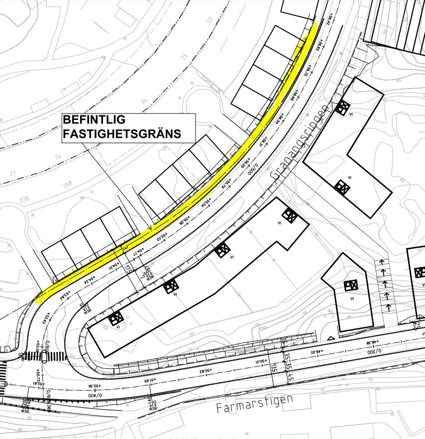 3.2 LINJEFÖRING I PLAN, Bilaga 2 Granängsringen: Denna gata kommer att bli en genomfartsgata för bussar, dimensionerade fordon för projekteringen är boggi buss med hastighet 40 km/ h.