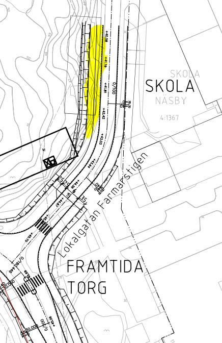 (gulmarkering figur 5) Figur 5. Farmarstigen Lokalgatan Farmarstigen: Att bibehålla befintlig centrumlinje innebär stora bergskärningar på nordvästra sida av gatan.