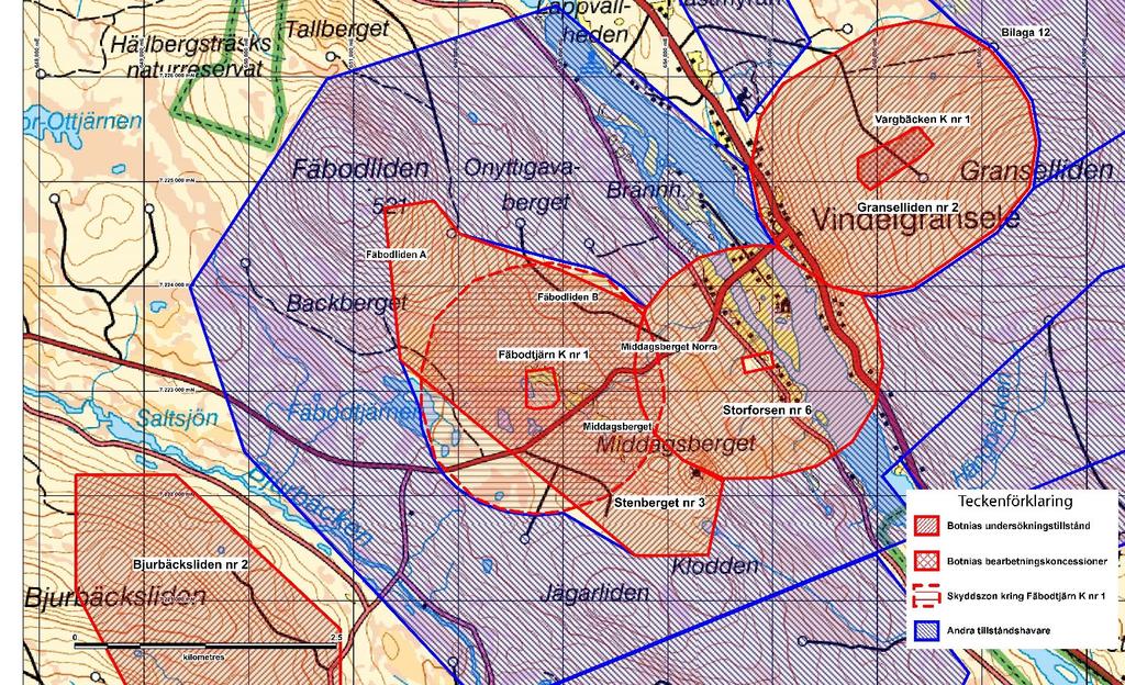 Botnia Exploration Holding AB (publ) Delårsrapport januari -- september 2019 Bilden visar Botnias bearbetningskoncessioner och undersökningstillstånd i Vindelgranseleområdet Bearbetningskoncessioner: