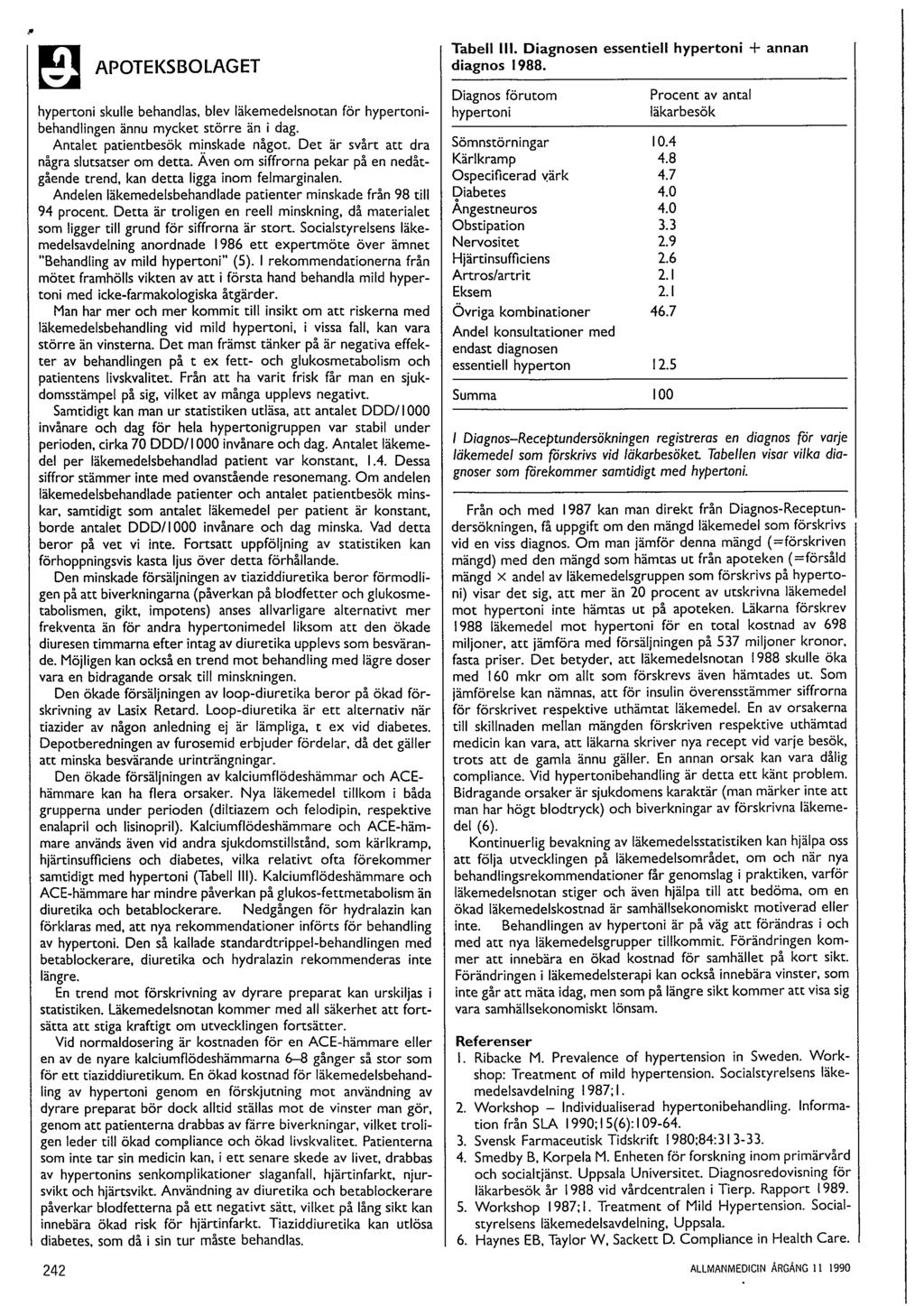 E APOTEKSBOLAGET hypertoni skulle behandlas, blev läkemedelsnotan för hypertonibehandlingen ännu mycket större än i dag. Antalet patientbesök minskade något.
