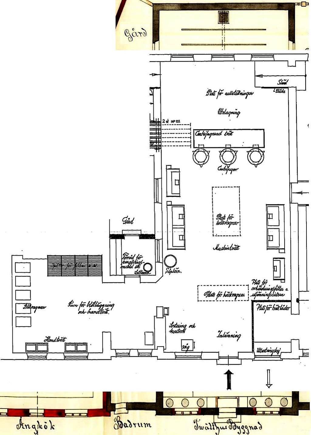 Fig. 23 Hus 18 A och B 1935 Plats för rullställningar Slänt Räcke Utslagning Centrifugerad tvätt Centrifuger 22 Förråd för rengöringsmedel etc.