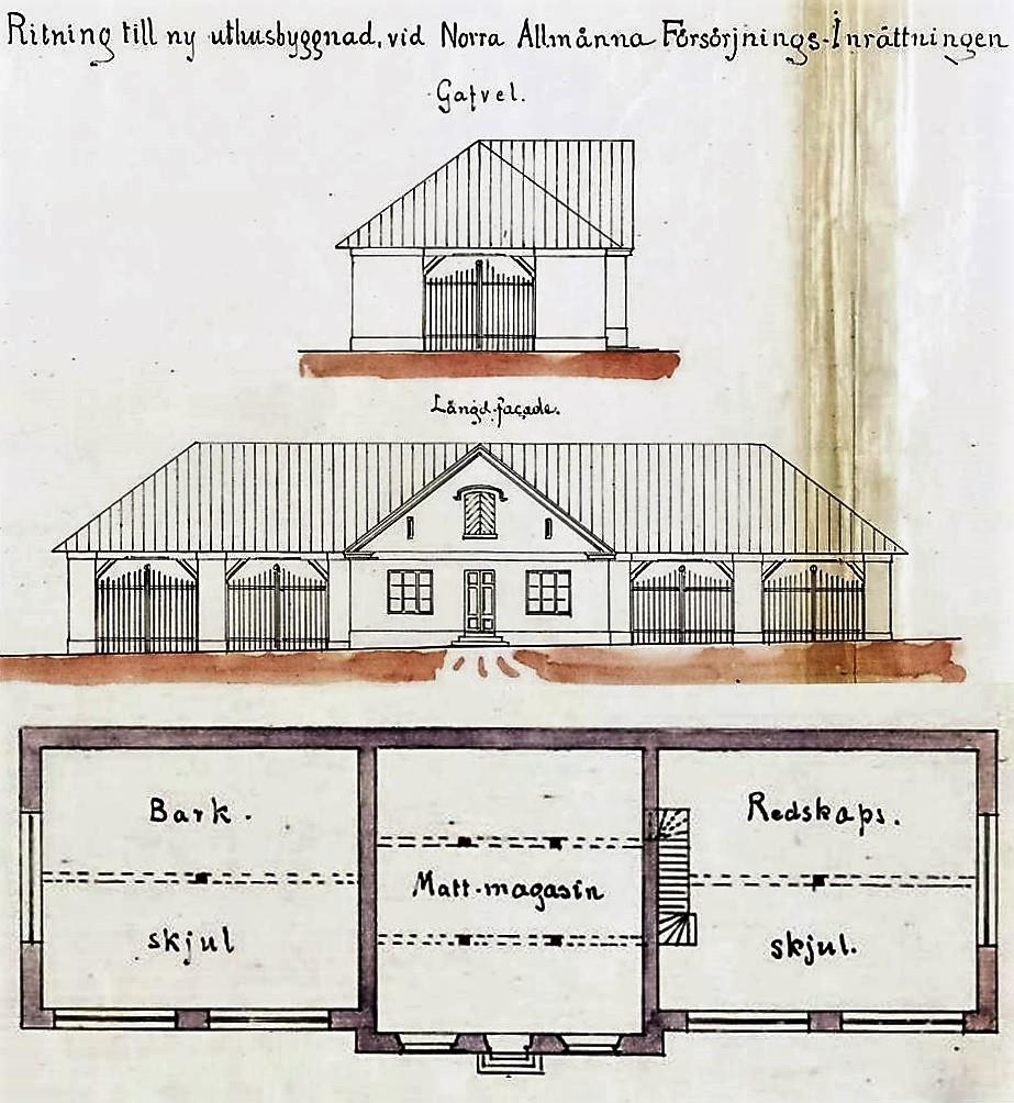 Stallet På Grubbenstorget finns ytterligare en byggnad från äldre tider, den som idag kallas för Stallet, hus 19. Den byggdes 1869 56), och såg då ut som fig. 26 visar. Fig.