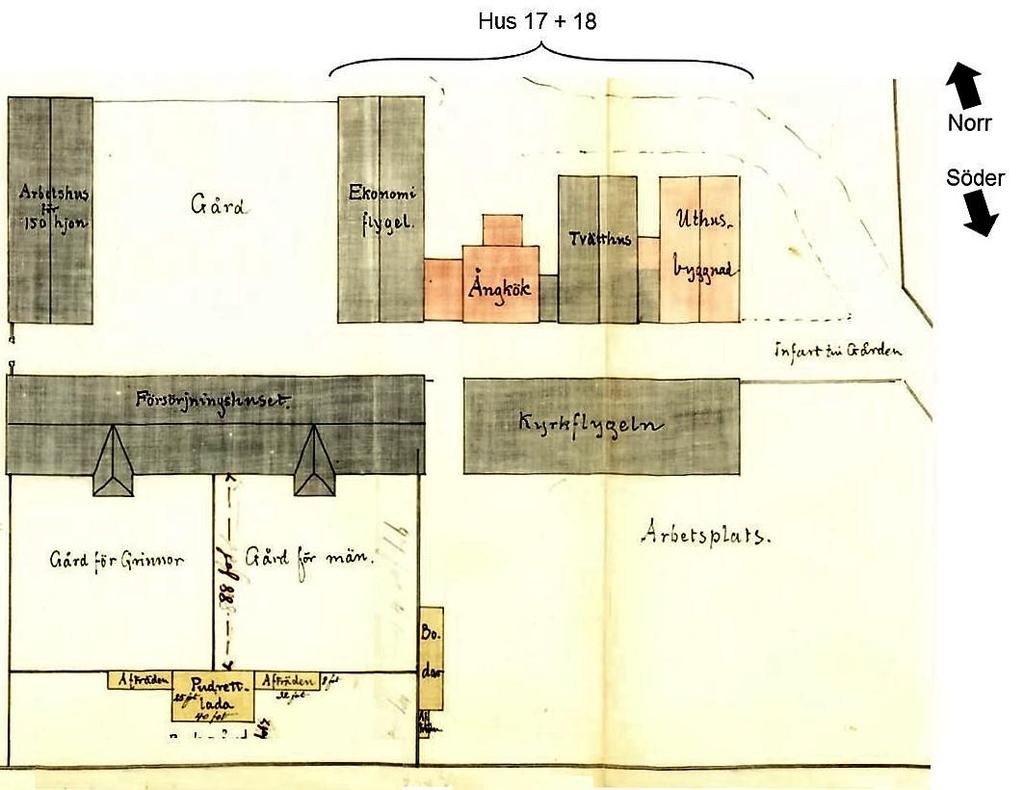 År 1865 hade man också uppfört en byggnad med förrådslokaler, verkstäder m.m. samt en kyrksal på övervåningen, den s.k. Kyrkflygeln 17). Och området såg ut enligt fig. 7. Fig.