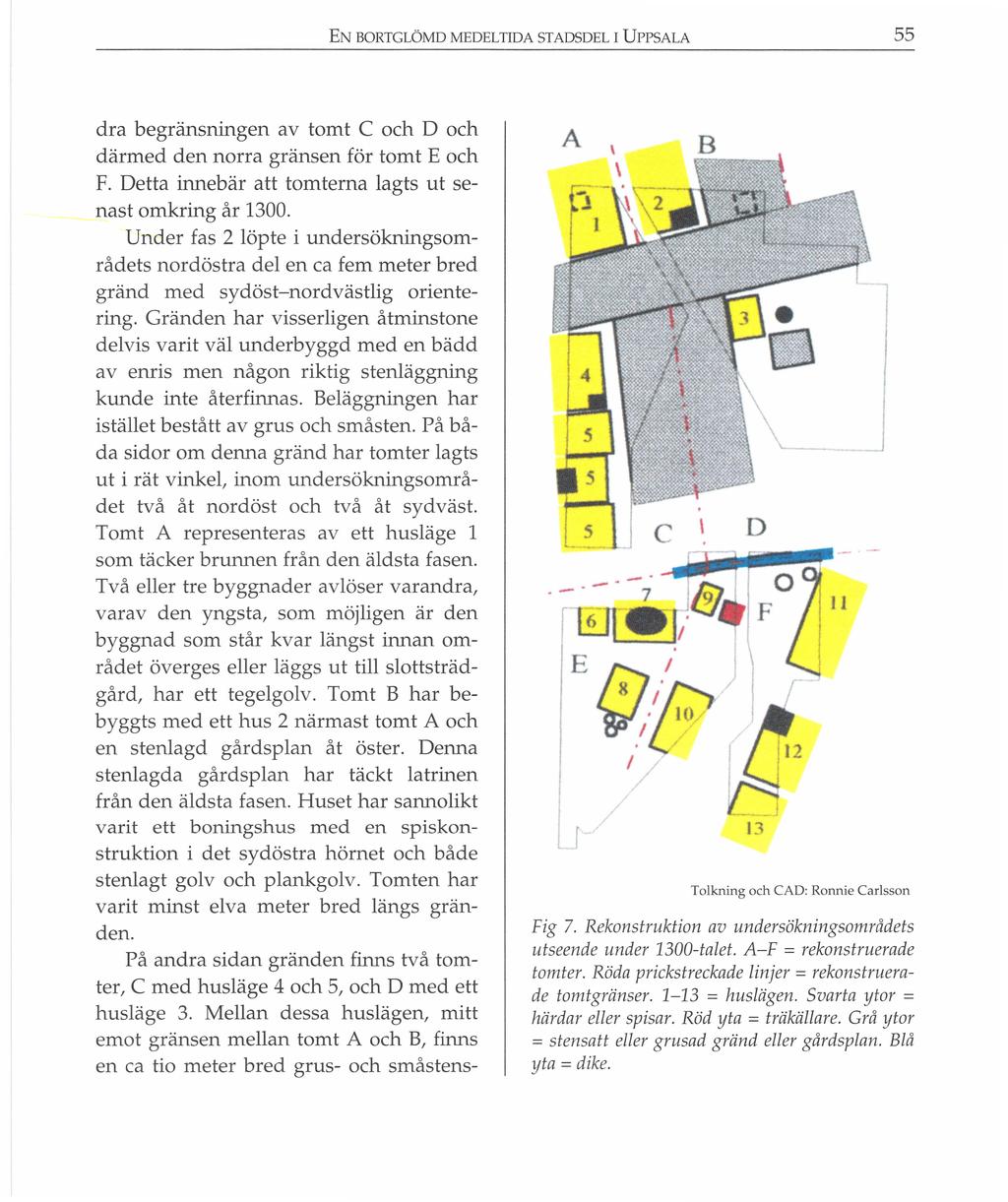 EN BORTGLÖMD MEDELTIDA STADSDEL I UPPSALA 55 dra begränsningen av tomt C och D och därmed den norra gränsen för tomt E och F. Detta innebär att tomterna lagts ut senast omkring år 1300.