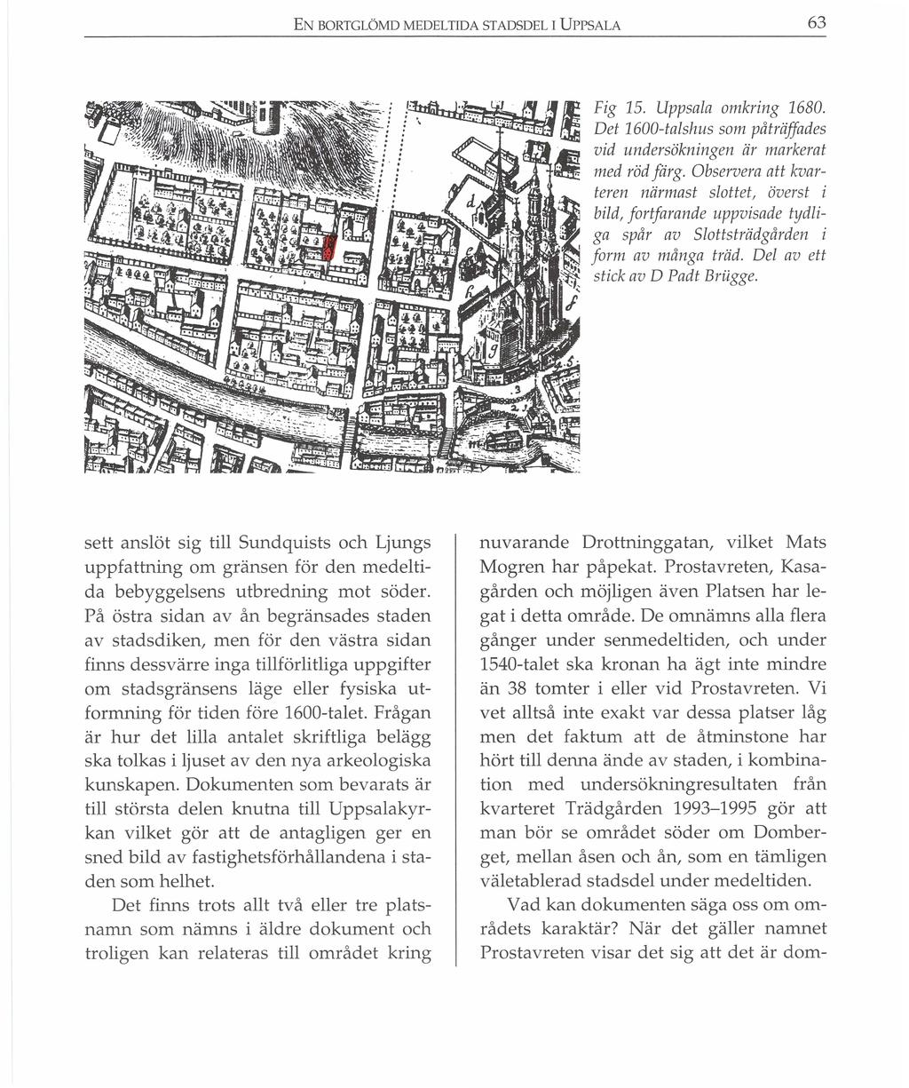 EN BORTGLÖMD MEDELTIDA STADSDEL T UPPSALA 63 Fig 15. Uppsala omkring 1680. Det 1600-talshus som påträffades vid undersökningen är markerat med röd färg.