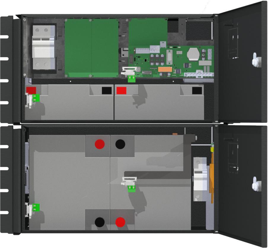 Inkoppling och placering av batterier 24 V i batteribox (FLX M och FLX L) OBS! Batterier måste vara nya vid installation och batteribyte för att certifierade normer skall upprätthållas.