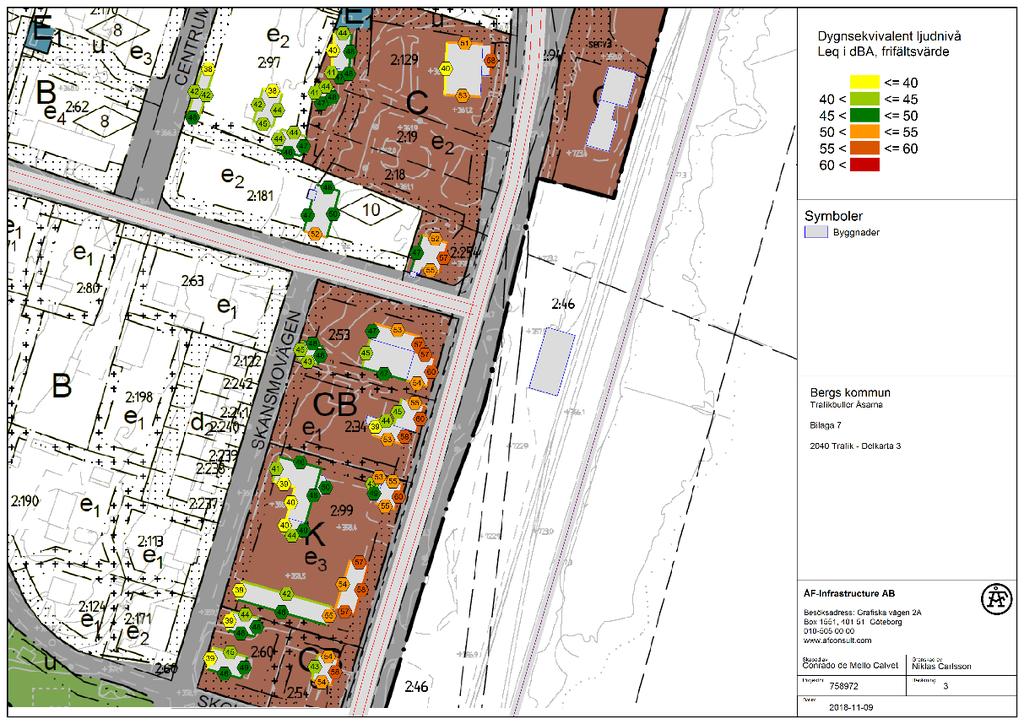 Figur 7. Beräknad ekvivalent ljudnivå från väg- och spårtrafik år 2040, delkarta 2 Figur 8.