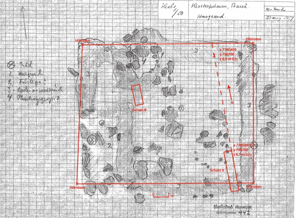 Fig. 4. 2013 års plan lagd som överlägg på planritningen av husgrund 3 från 1951 års uppmätning.