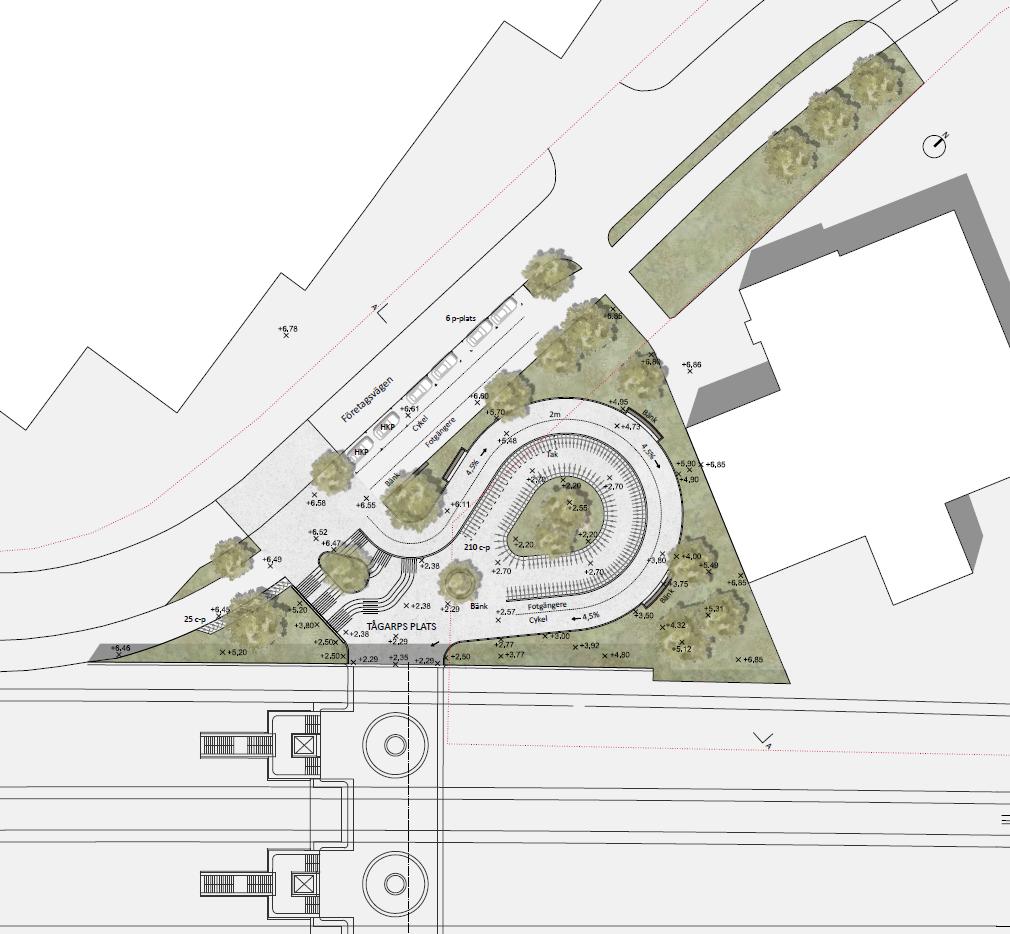 Tågarps plats Grönstruktur Planteringar Plantering på bullervallen och runt dammen kommer att ske i ett första skede. Pendlarparkeringen kan delas upp med hjälp av planteringar och träd.