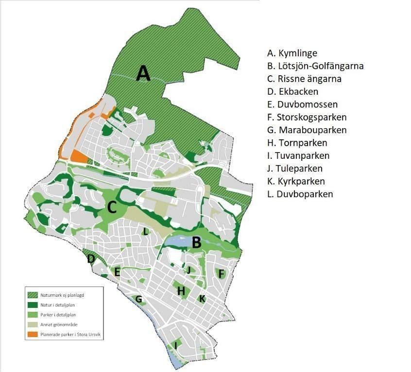 4.2 Grönområden Studien har identifierad tolv stycken grönområden i Sundbybergs stad, dessa är Igelbäckens naturreservat (Kymlinge), Lötsjö-Golfängarna naturreservat, Rissneängarna, Ekbacken, Duvbo