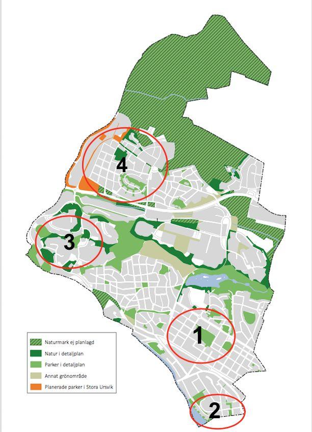 4.3 Bostadspriser För att undersöka relation mellan grönområden och bostadsprisutveckling, identifierades fyra olika bostadsområden (figur 5) i Sundbyberg stad.