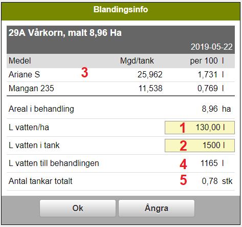 BLANDNINGSINFORMATION 1. Ange liter vatten per hektar 2. Skriv in hur mycket vatten du har i tanken 3.