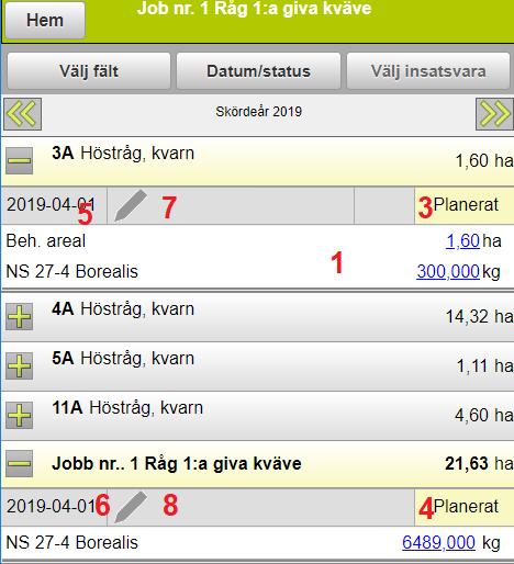 De behandlingar som ingår i arbetsordern visas, samt en sammanställning för respektive insatsvara. 1. Mängder kan redigeras för varje enskilt fält. 2.