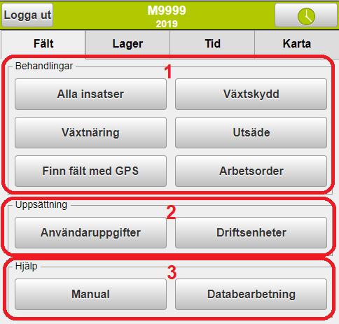 NÄSGÅRD MOBILE: STARTSIDA På startsidan har du följande möjligheter 1. Behandlingar, du kan avgränsa så du bara ser insatser av den typ du valt t.ex. Utsäde.