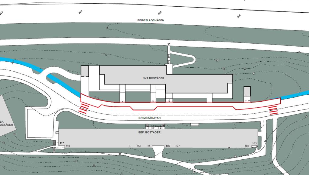 Sida 23 (35) gatubredden från cirka elva meter till cirka 14,2 meter. Detta ger möjlighet att anlägga en tillgänglig gångbana utmed Grimstagatans nordöstra sida.