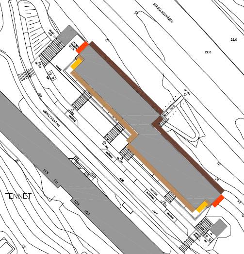 Sida 28 (35) Grimstavägen. Vid fasaderna mot Bergslagsvägen blir ekvivalentnivån upp mot 70 db(a) och vid fasaden mot Grimstavägen 55 db(a). Ekvivalentnivåer översikt.