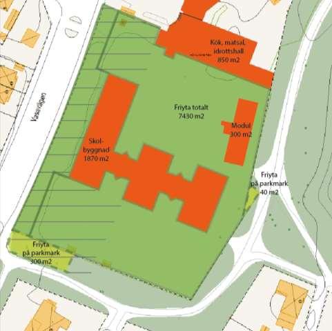 Eskilstuna kommun 2019-08-09 21 (52) Friyta skola Skolgården är mestadels asfalterad och avgränsade med staket eller växtlighet och ligger på kvartersmark och parkmark (cirka 340 m²).