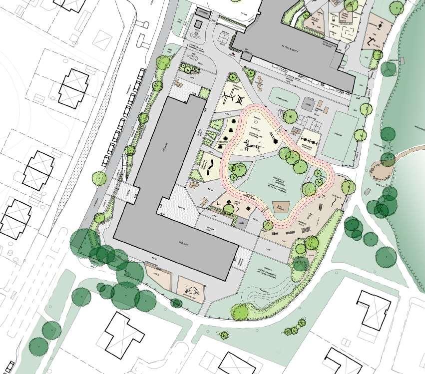 Eskilstuna kommun 2019-08-09 24 (52) Illustration: Situationsplan för nya Skogsängsskolan och möjlig gestaltning av skolgården Tyréns.