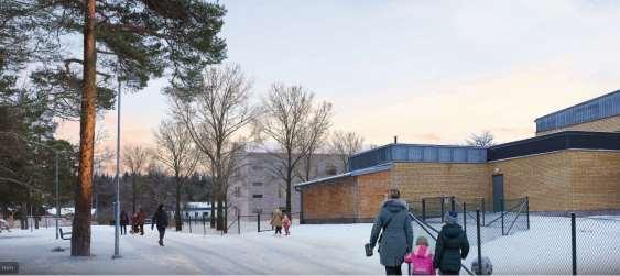 Eskilstuna kommun 2019-08-09 26 (52) Illustration: Visualisering av en möjlig utformning av nya Skogsängsskolan sett från GC-vägen Skogsänsslingan