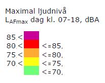 ekvivalenta och maximala ljudnivåer. Dessa bör då anordnas inom de med ljusgrönt markerade områdena på kartan för ekvivalent ljudnivå.