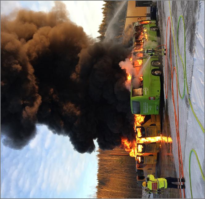 Brand i Filipstad den 19 december. När brandkåren kom till platsen brann 1 buss. 6 minuter senare brann 4 bussar.