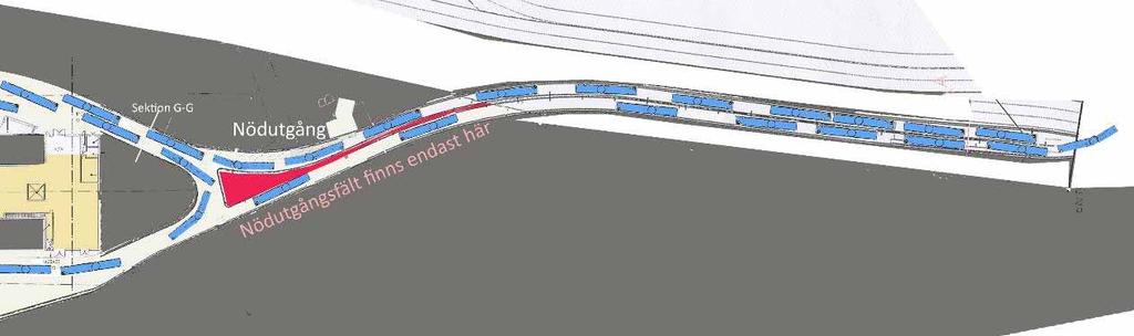 Bild: Tor Edsjö Tillfarten är 300 m lång. 150 m nedsänkt ramp, öppen uppåt. 150 m tunnel. Bussarna går i vänstertrafik. Nödutgångsfält finns i en del av tunneln, markerat med rött.