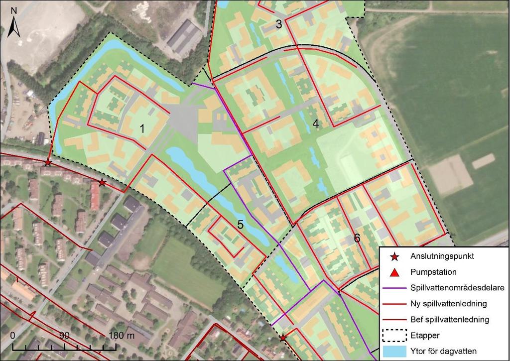Figur 31.. Lösningsförslag för spillvatten som ansluts till Västra Ringgatan. Grön linje visar på alternativ ledningssträcka från det västra området till befintligt system.