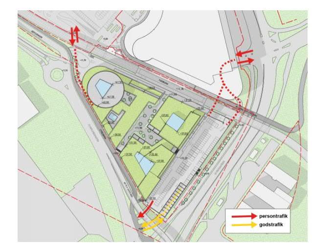 Om handelsfastigheten Trafikflyget 9, norr om Tvärbanans hållplats, byggs enligt gällande detaljplan, kommer kopplingen mellan Karlsbodavägen (B) och den stora markparkeringen att skäras av.