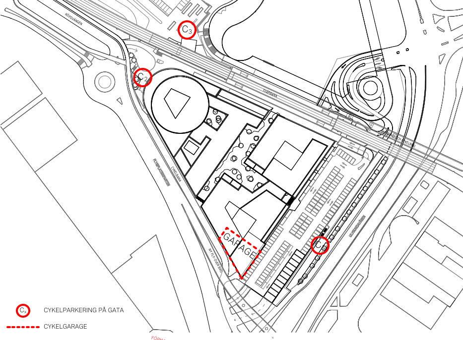Figur 4 Lokalisering cykelparkering (Illustration BAU) Totalt är ca 1100 cykelparkeringar planerade på de 4 platserna enligt vidstående illustration.