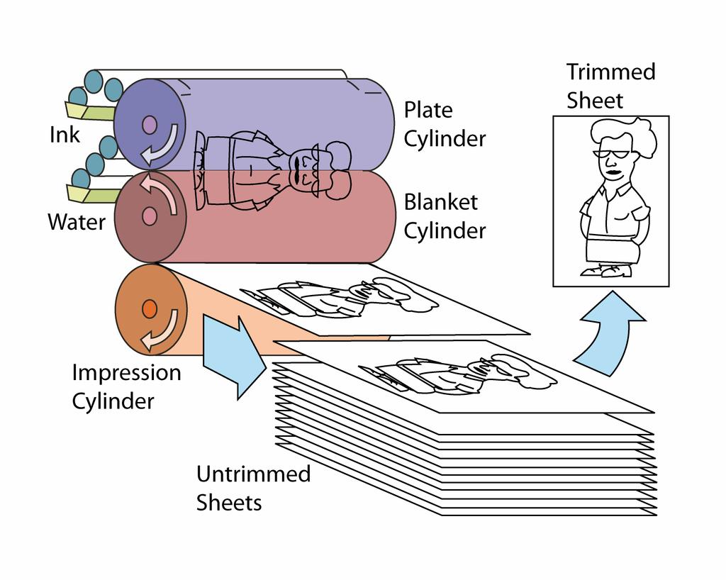 Theory Figure 12: The sheet fed offset printing technique There are two types of offset printing: web offset and sheet fed offset. In the web offset the paper comes from a reel.
