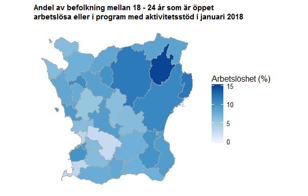 Datum 2018-03-08 8 (13) Andelen av befolkningen i Skåne som var öppet arbetslösa eller i program med aktivitetsstöd