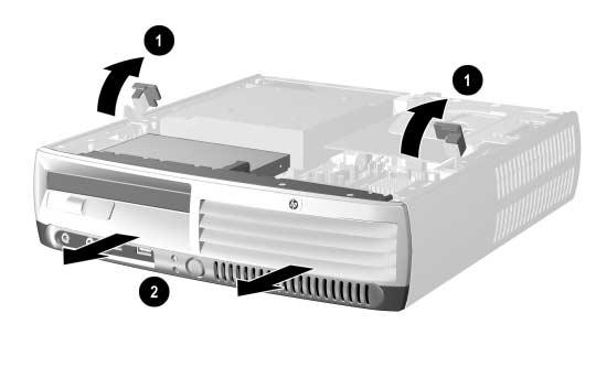 10. Dra spaken på vardera sidan om datorns chassi uppåt och mot datorns baksida 1, och dra frontpanelen med MultiBay-enheten framåt och bort från datorn 2.
